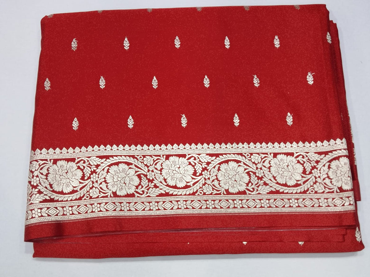 Rich Vermilion Red Banarasi Mashroo Silk Saree with Antique Silver Zari Buttis