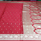 Rich Vermilion Red Banarasi Mashroo Silk Saree with Antique Silver Zari Buttis