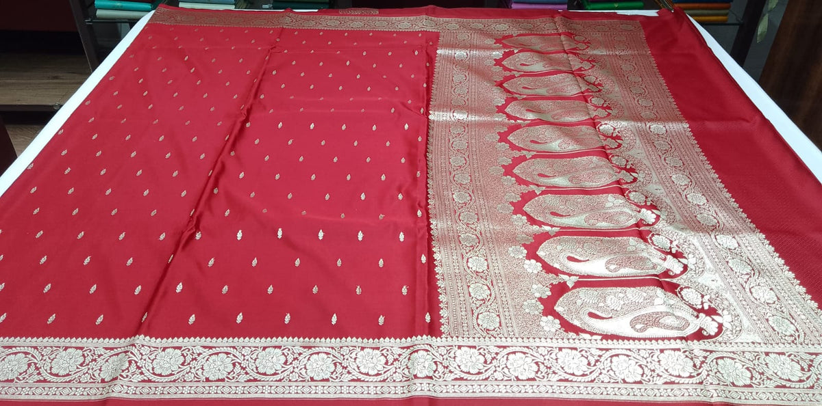 Rich Vermilion Red Banarasi Mashroo Silk Saree with Antique Silver Zari Buttis