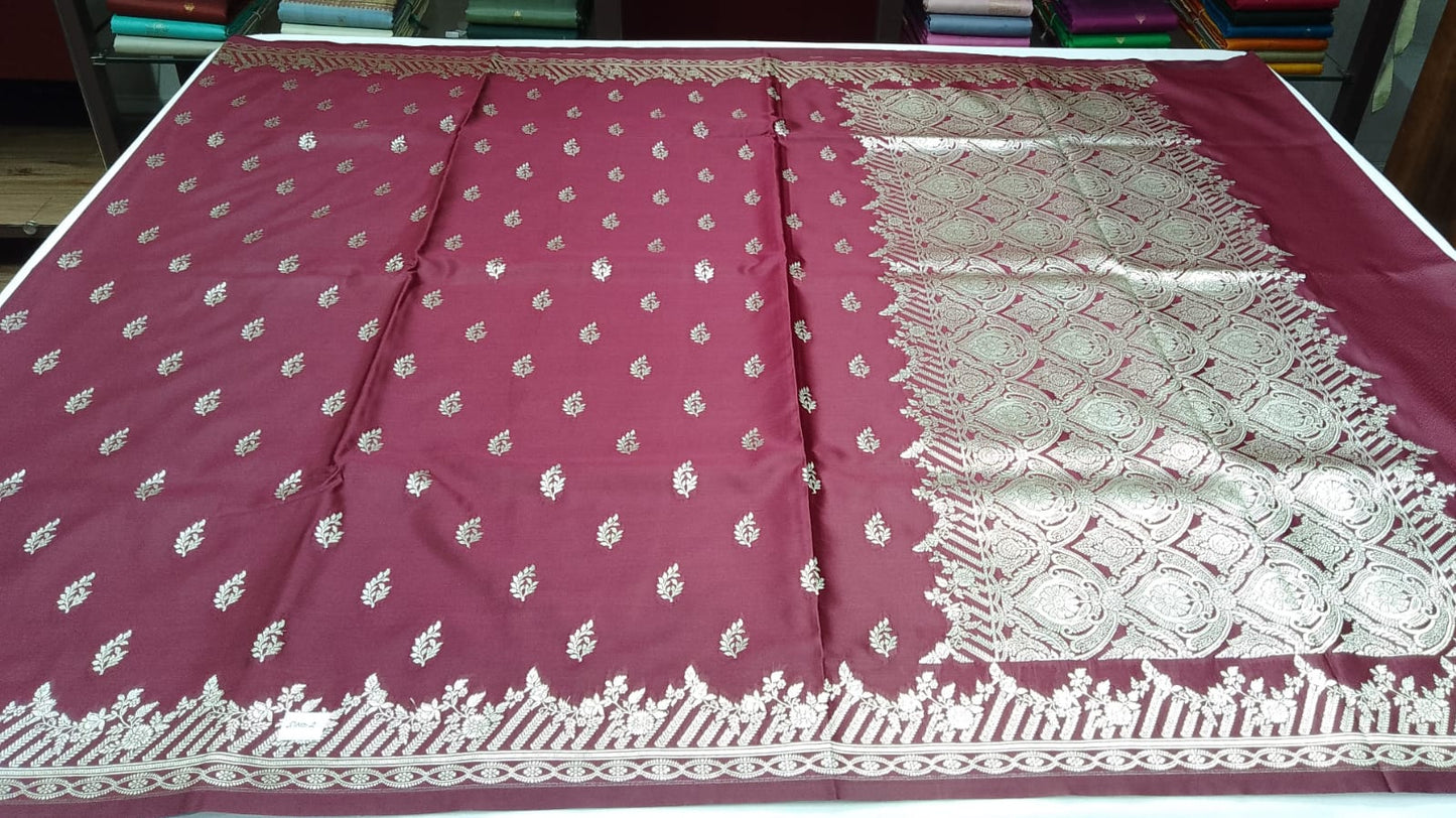 Wine Maroon Banarasi Mashroo Silk Saree with Antique Silver Zari Buttis