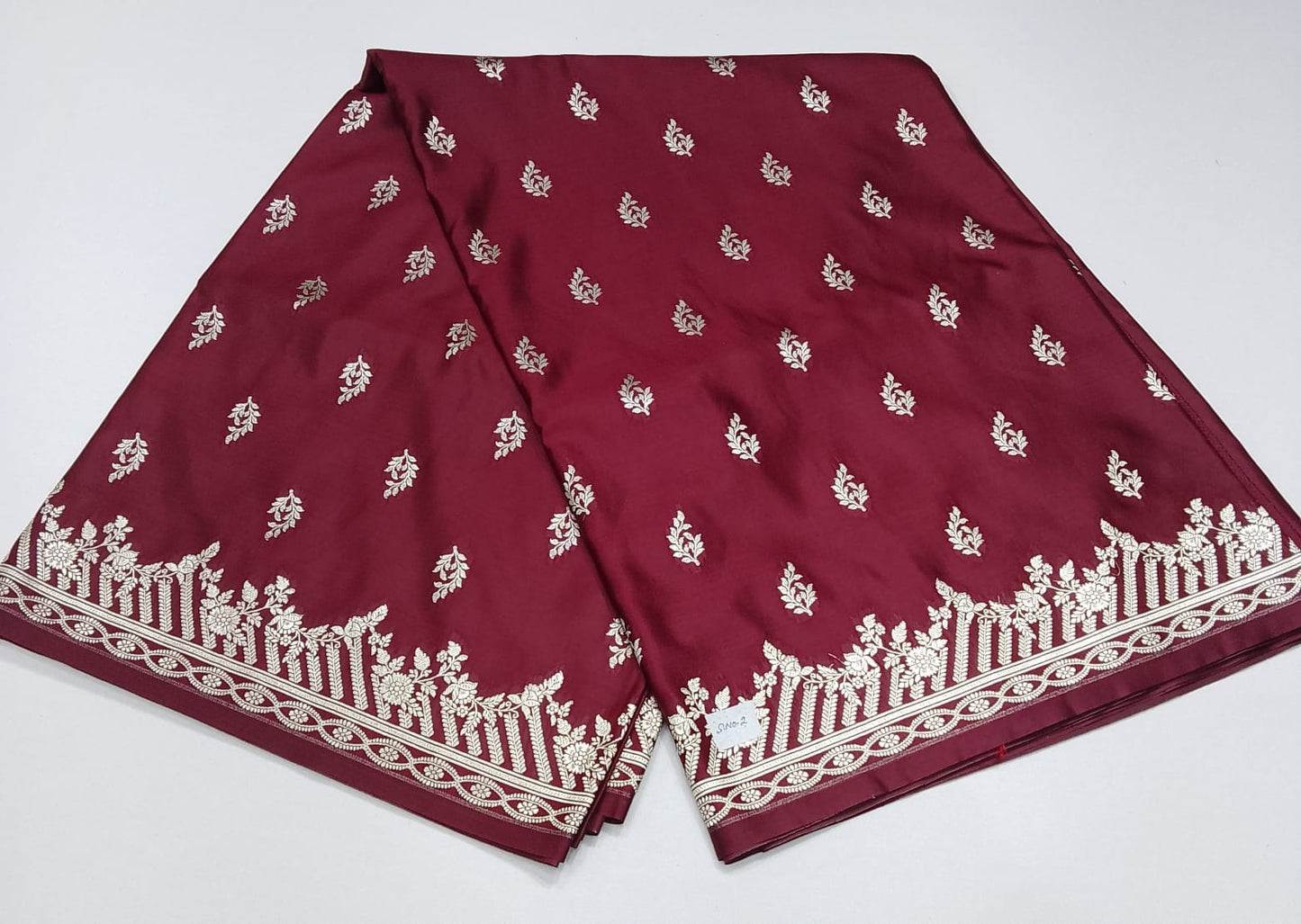 Wine Maroon Banarasi Mashroo Silk Saree with Antique Silver Zari Buttis