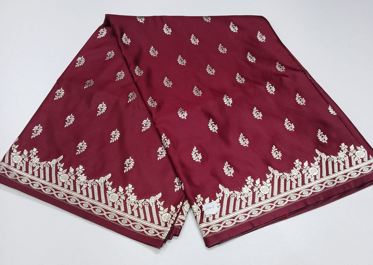 Wine Maroon Banarasi Mashroo Silk Saree with Antique Silver Zari Buttis