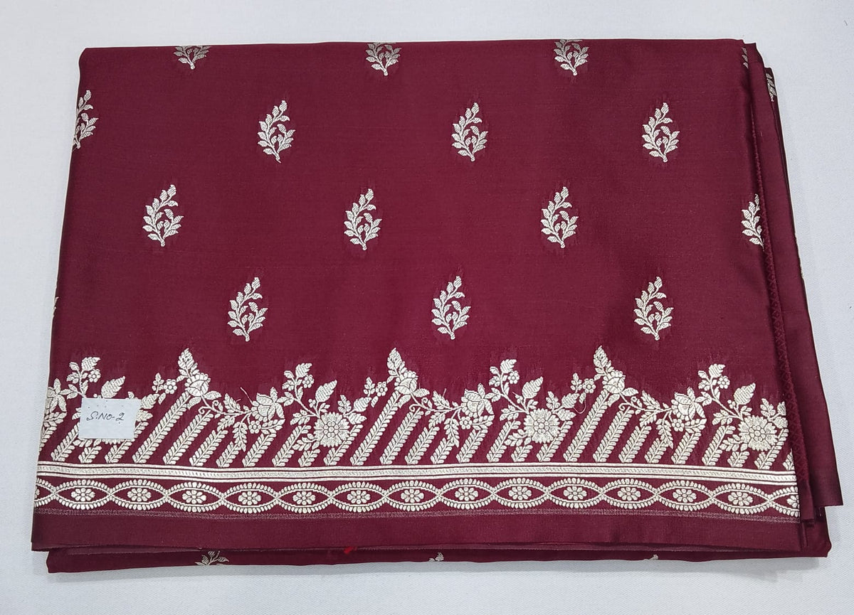 Wine Maroon Banarasi Mashroo Silk Saree with Antique Silver Zari Buttis