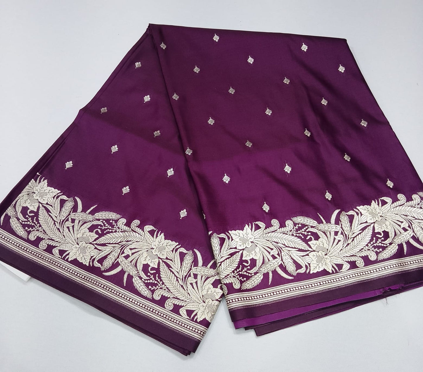 Banarasi Mashroo Silk Saree in Royal Plum Purple with Silver Zari Floral Border