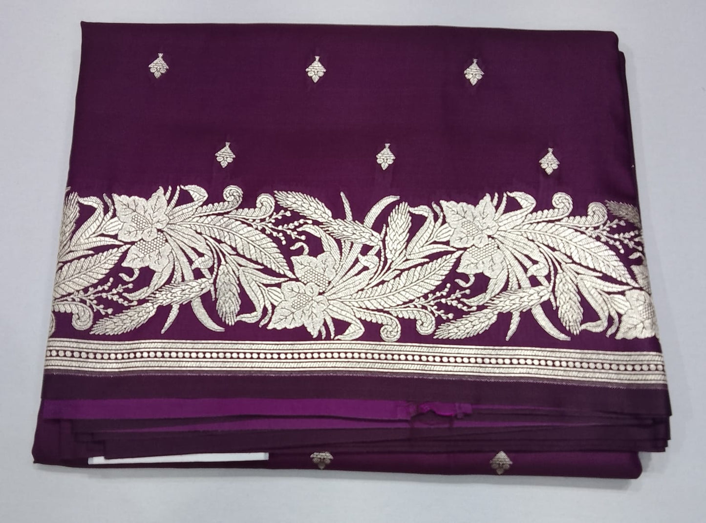 Banarasi Mashroo Silk Saree in Royal Plum Purple with Silver Zari Floral Border