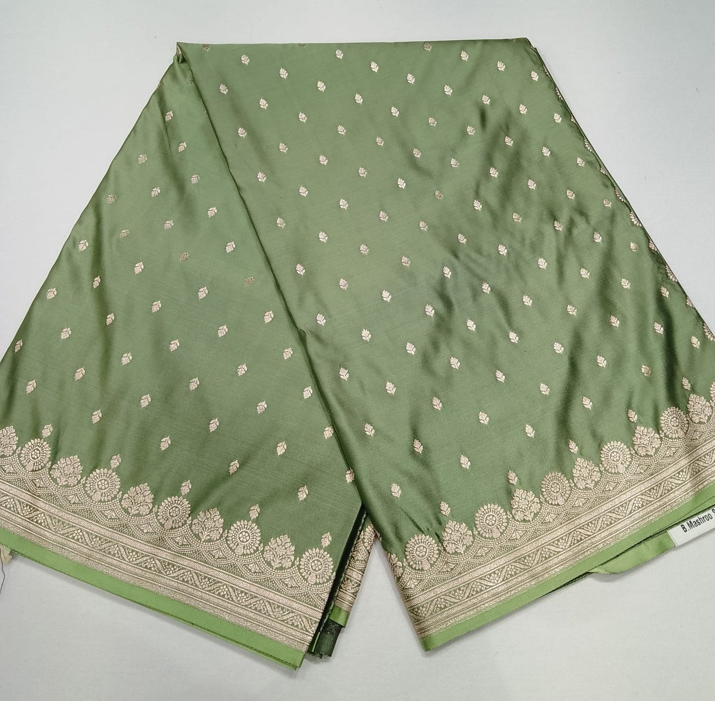 Banarasi Mashroo Silk Saree in Sage Green with Silver Zari Elegance