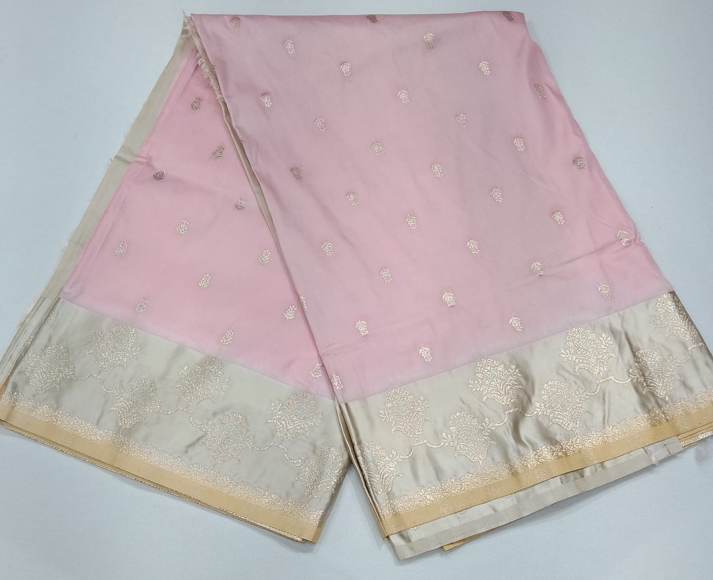 Elegant Baby Pink Banarasi Silk Saree with Silver-Gold Zari Floral Border