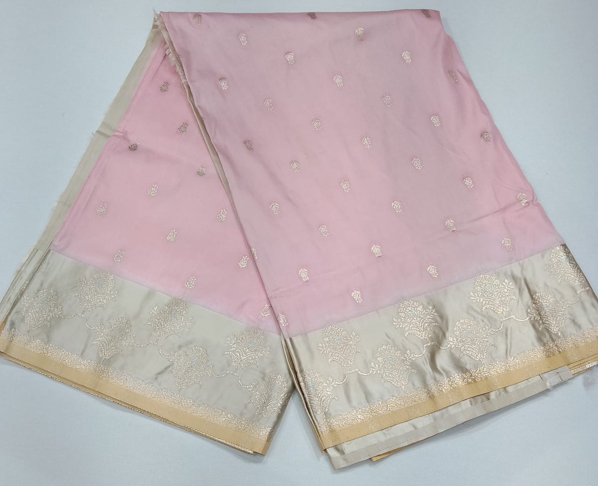 Elegant Baby Pink Banarasi Silk Saree with Silver-Gold Zari Floral Border