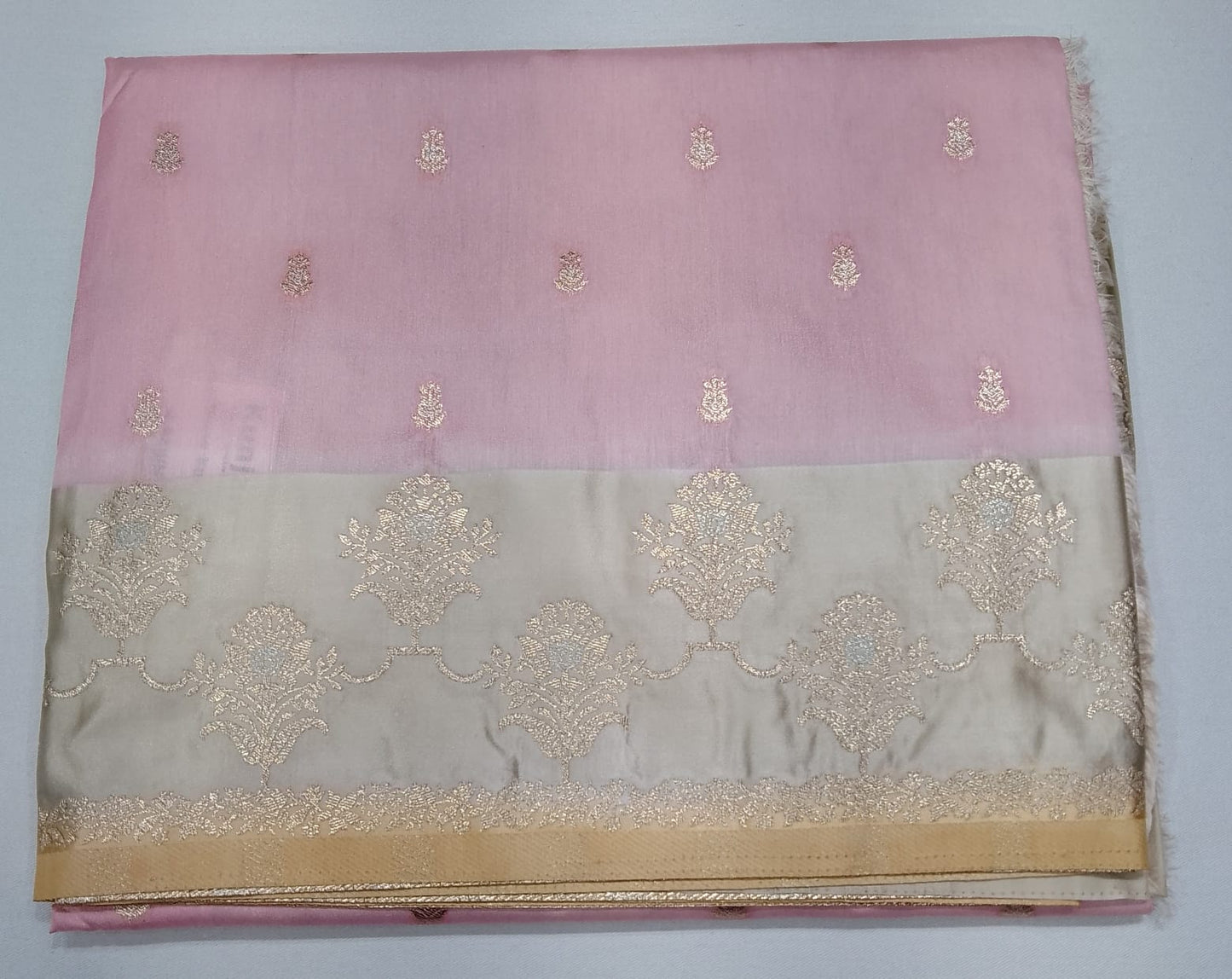 Elegant Baby Pink Banarasi Silk Saree with Silver-Gold Zari Floral Border
