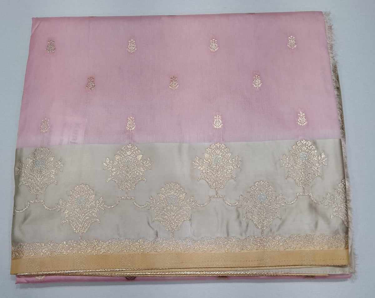 Elegant Baby Pink Banarasi Silk Saree with Silver-Gold Zari Floral Border