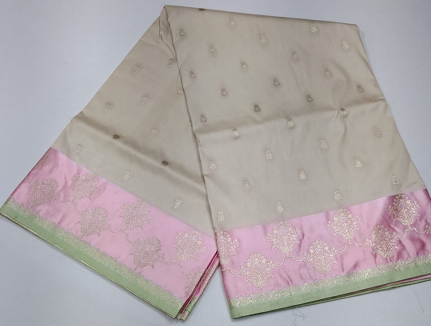 Elegant Ivory Beige Banarasi Saree with Blush Pink & Mint Green Zari Border