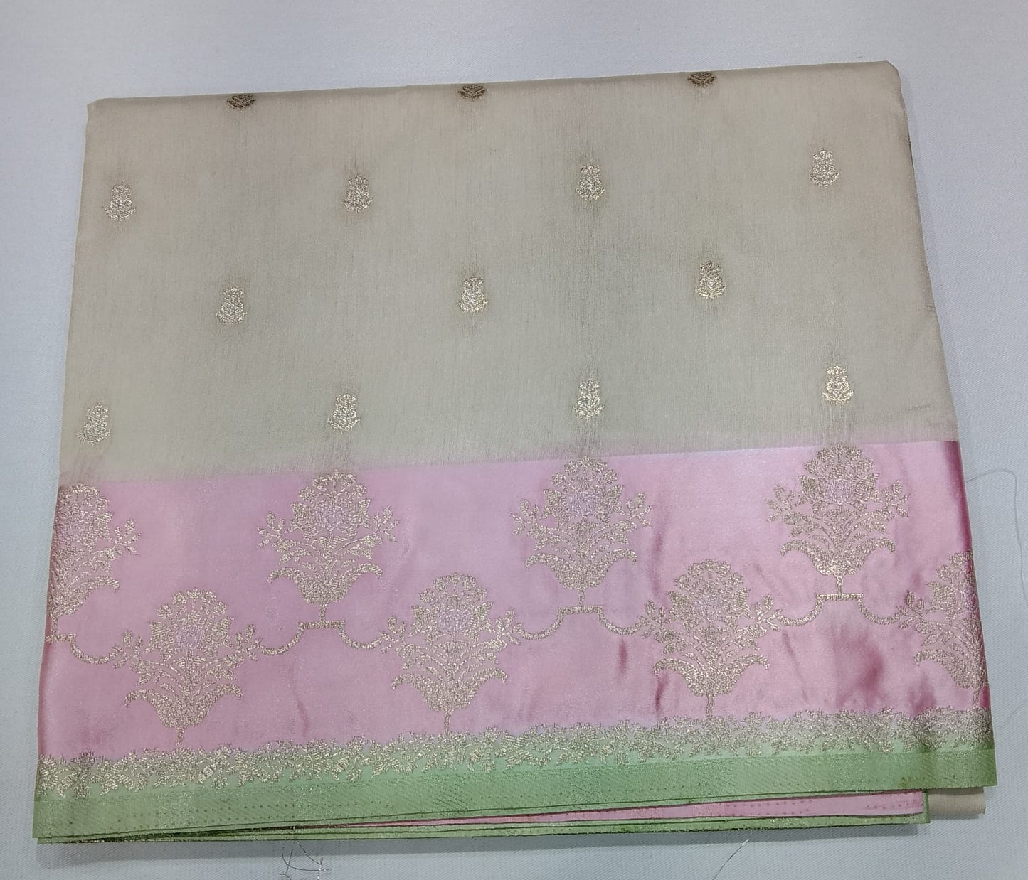 Elegant Ivory Beige Banarasi Saree with Blush Pink & Mint Green Zari Border