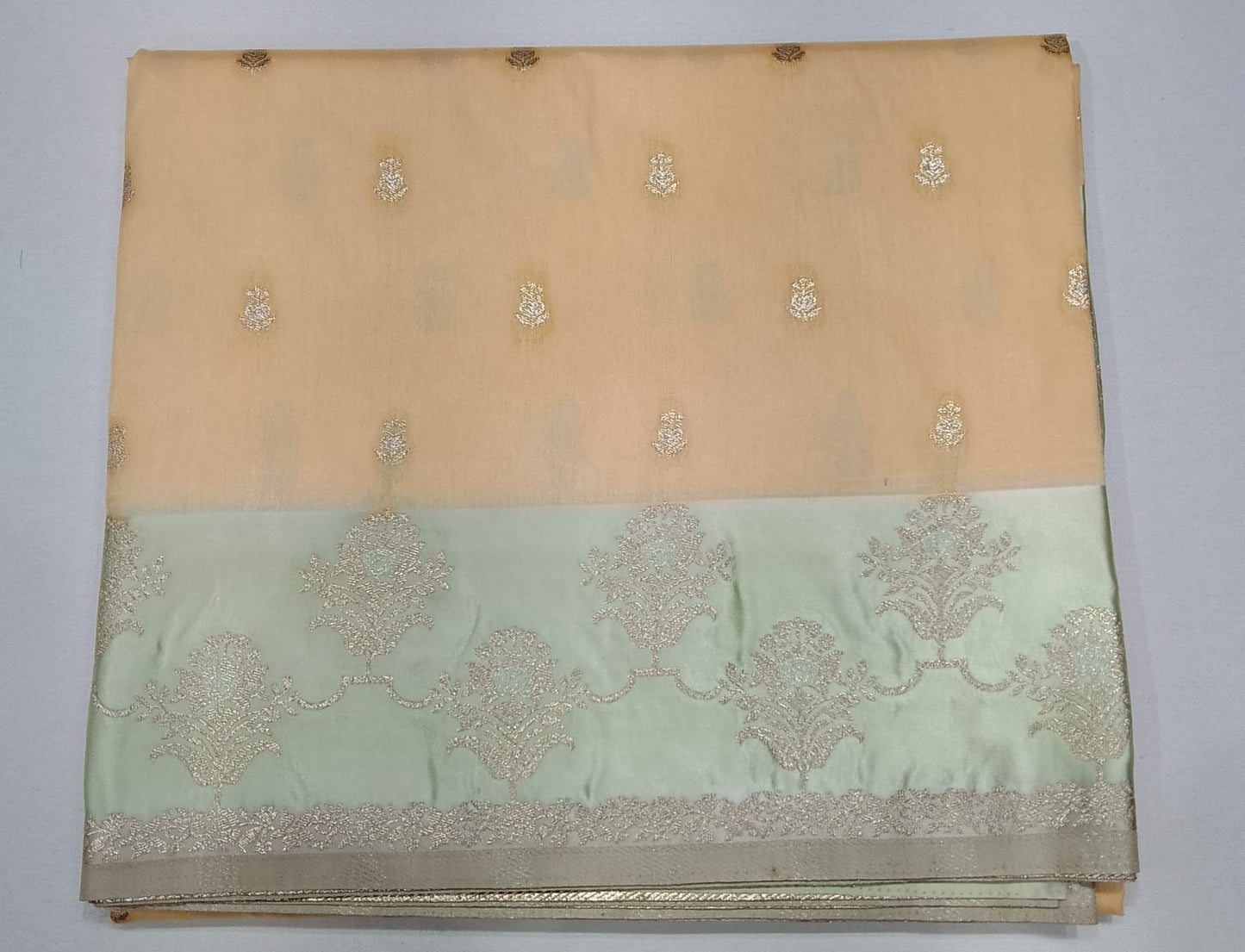 Elegant Soft Peach Beige Banarasi Silk Saree with Mint Green Zari Border