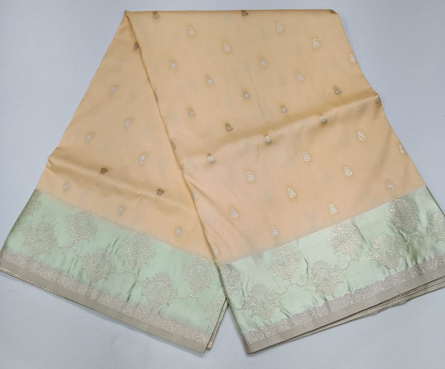 Elegant Soft Peach Beige Banarasi Silk Saree with Mint Green Zari Border