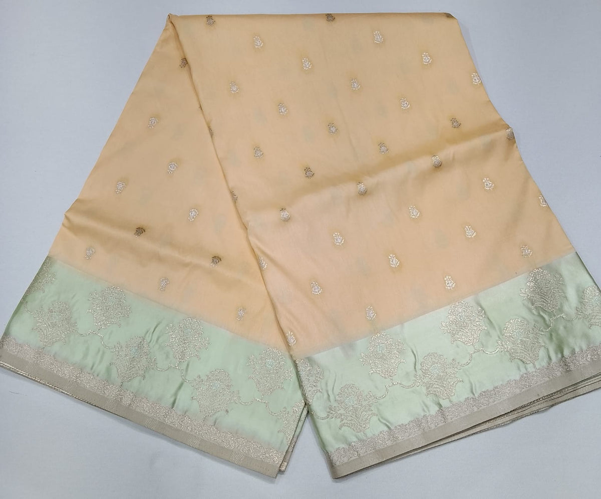Elegant Soft Peach Beige Banarasi Silk Saree with Mint Green Zari Border