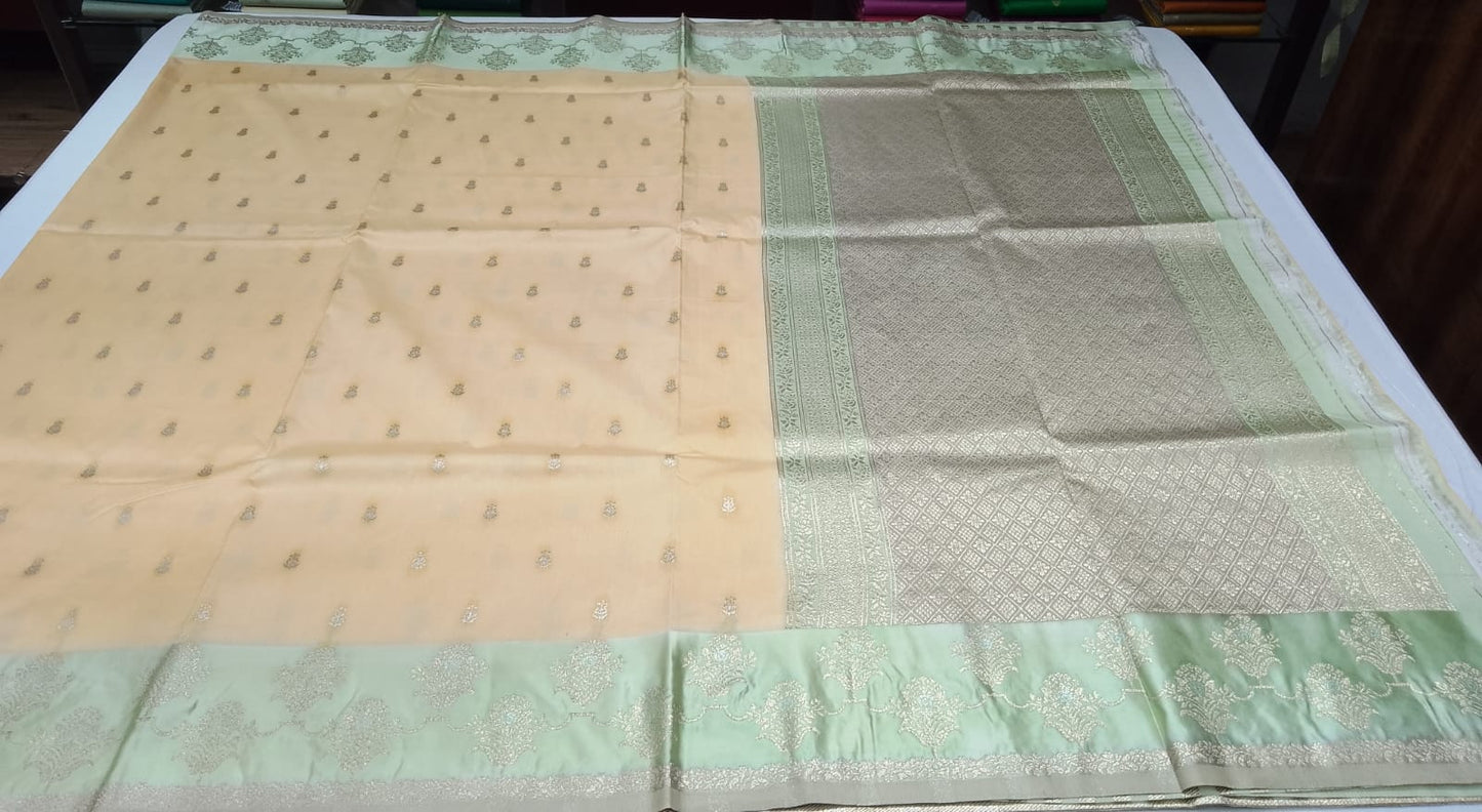 Elegant Soft Peach Beige Banarasi Silk Saree with Mint Green Zari Border