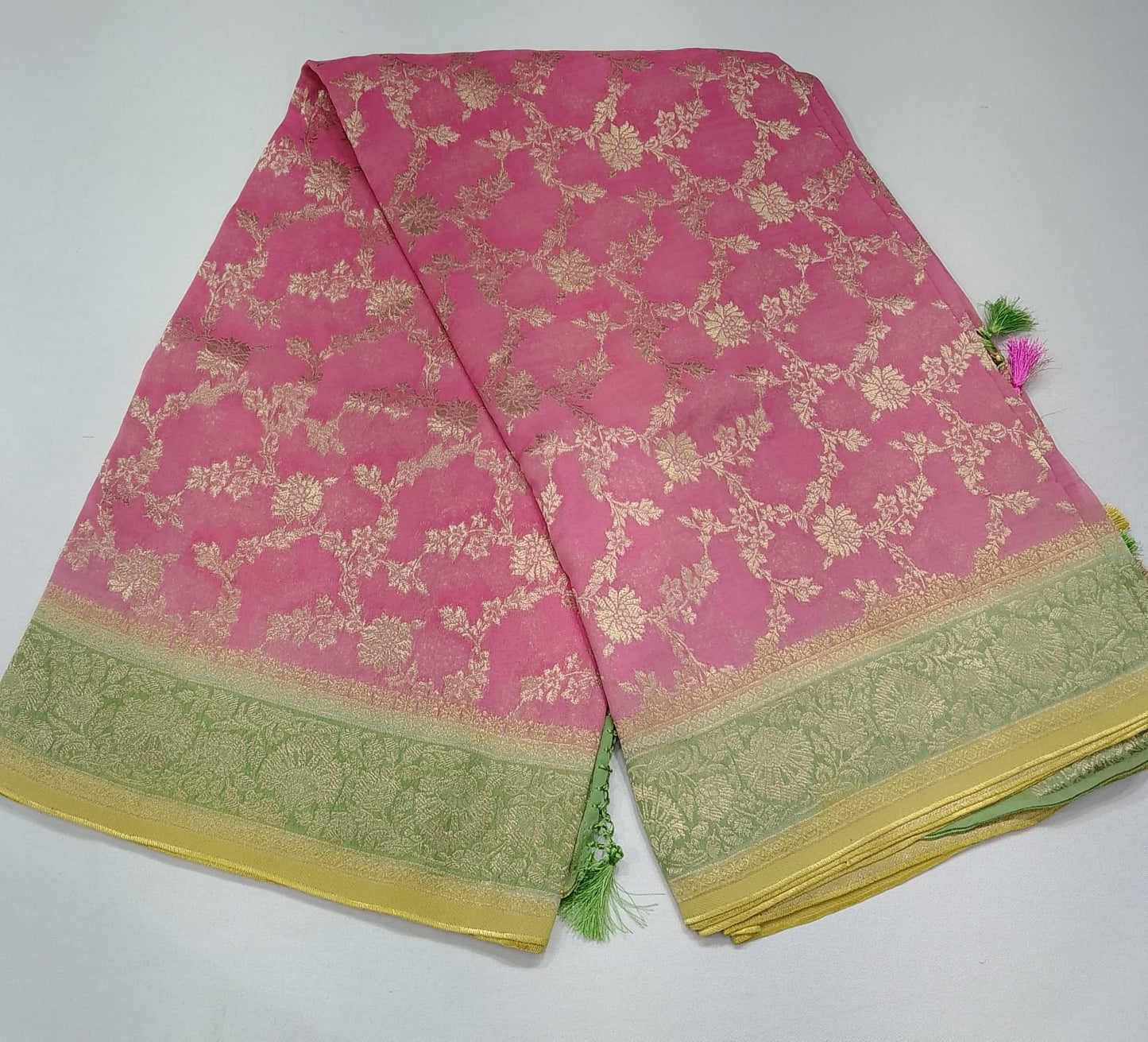 Rose Pink Banarasi Georgette Rangkat Saree with Mint Green Floral Border