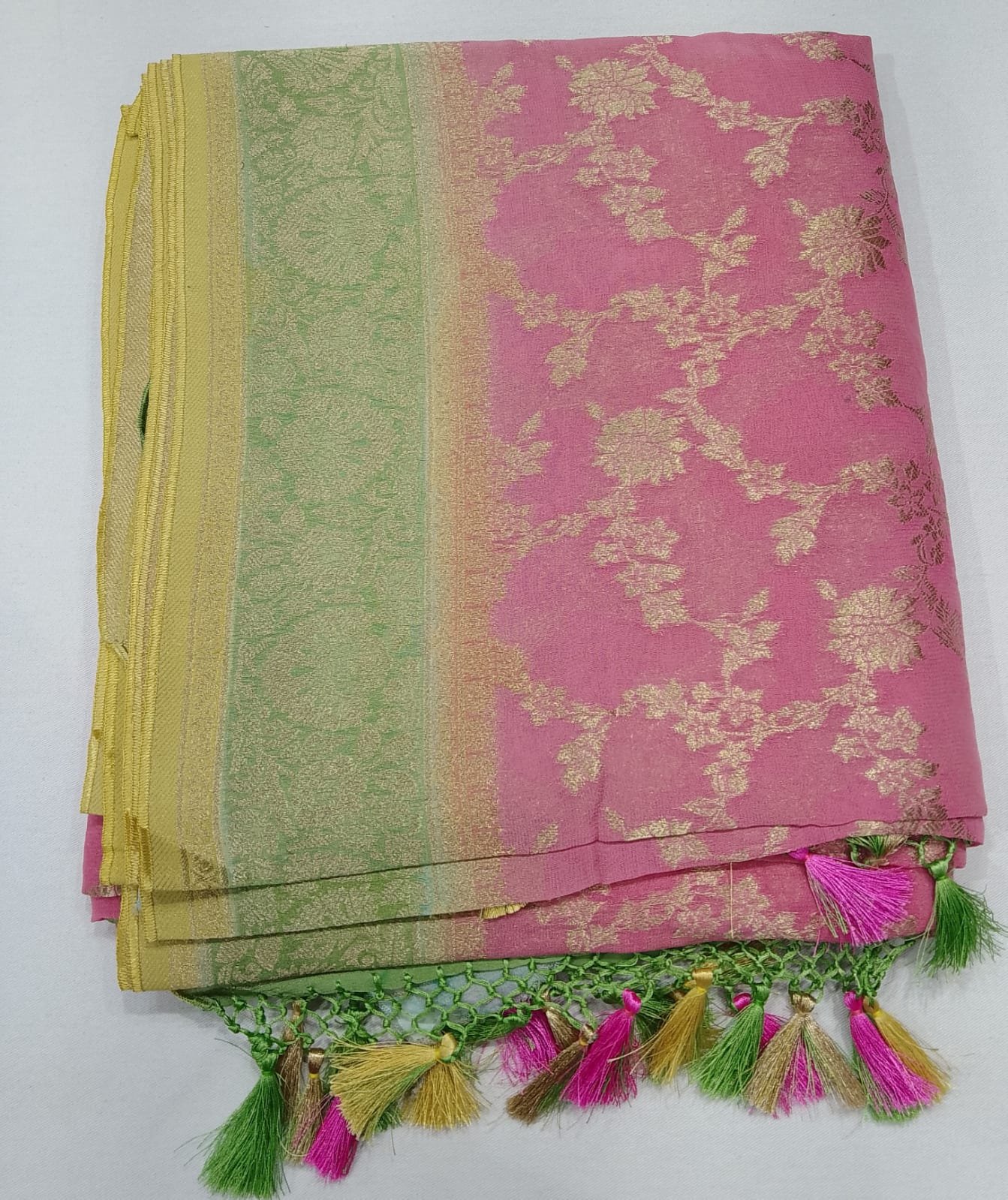 Rose Pink Banarasi Georgette Rangkat Saree with Mint Green Floral Border