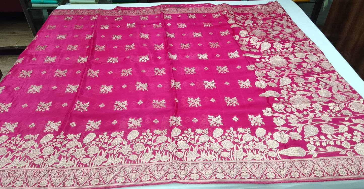 Rani Pink Banarasi Crepe Saree with Zari Floral Weaving
