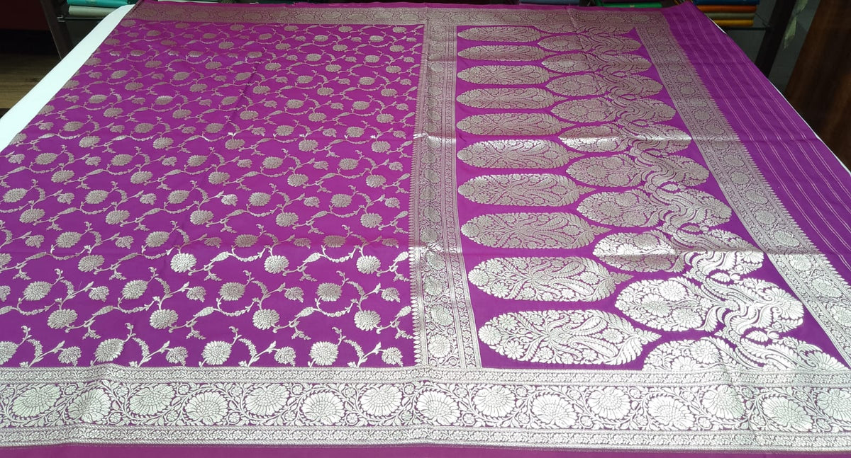 Royal Orchid Purple Banarasi Uppada Saree with Antique Silver Floral Jaal & Grand Pallu