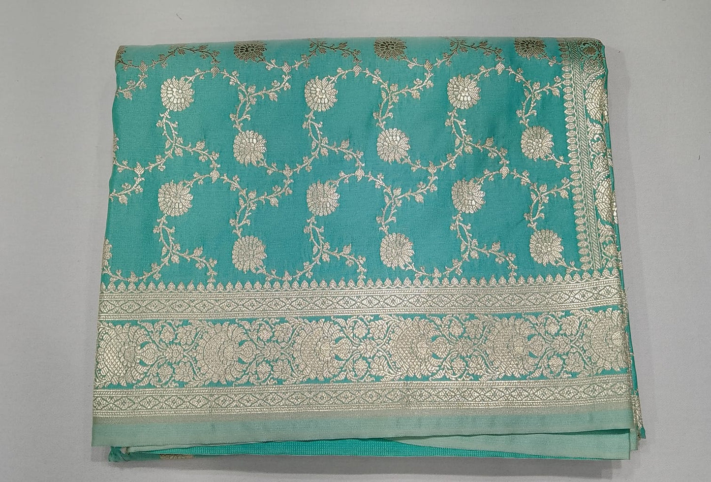 Aqua Blue Banarasi Mashroo Silk Saree with Silver Zari Floral Jaal & Rich Woven Pallu