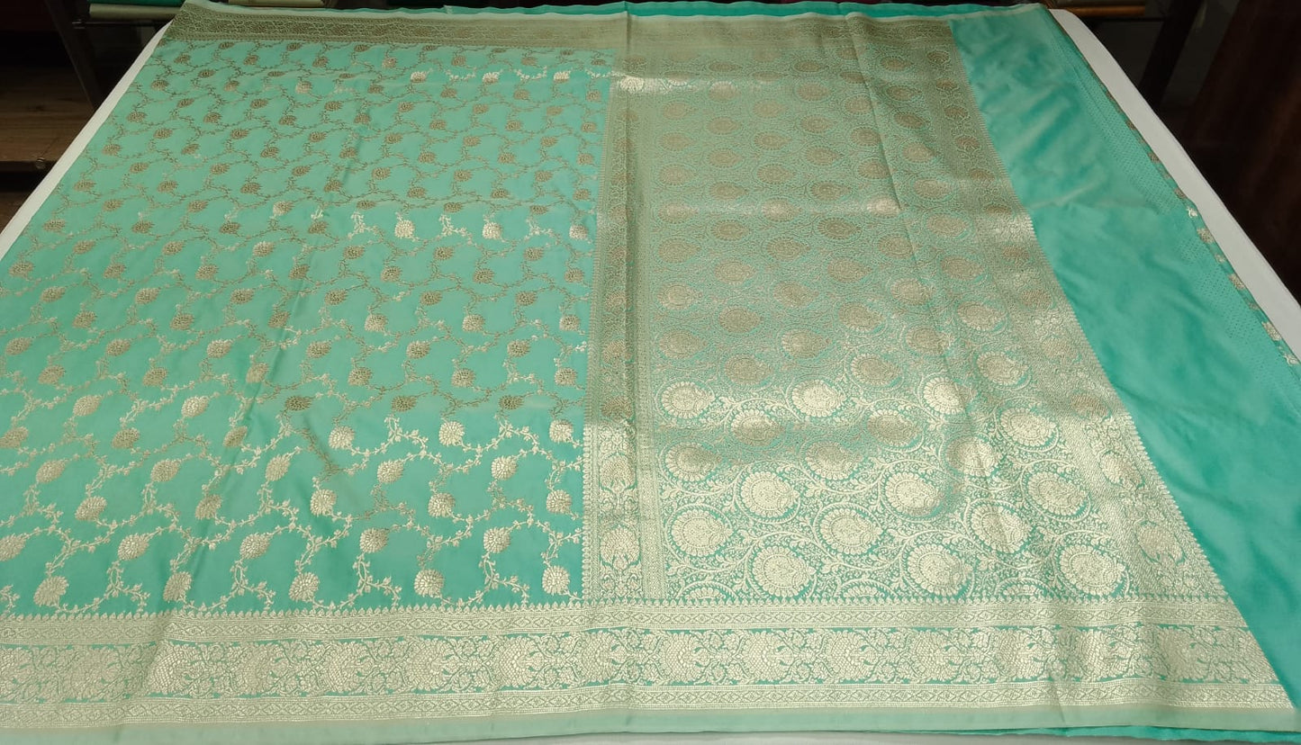 Aqua Blue Banarasi Mashroo Silk Saree with Silver Zari Floral Jaal & Rich Woven Pallu