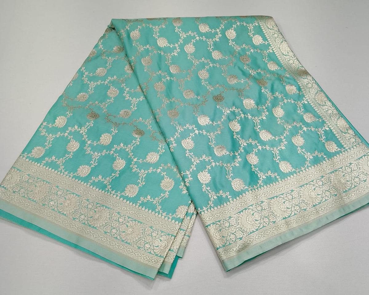 Aqua Blue Banarasi Mashroo Silk Saree with Silver Zari Floral Jaal & Rich Woven Pallu
