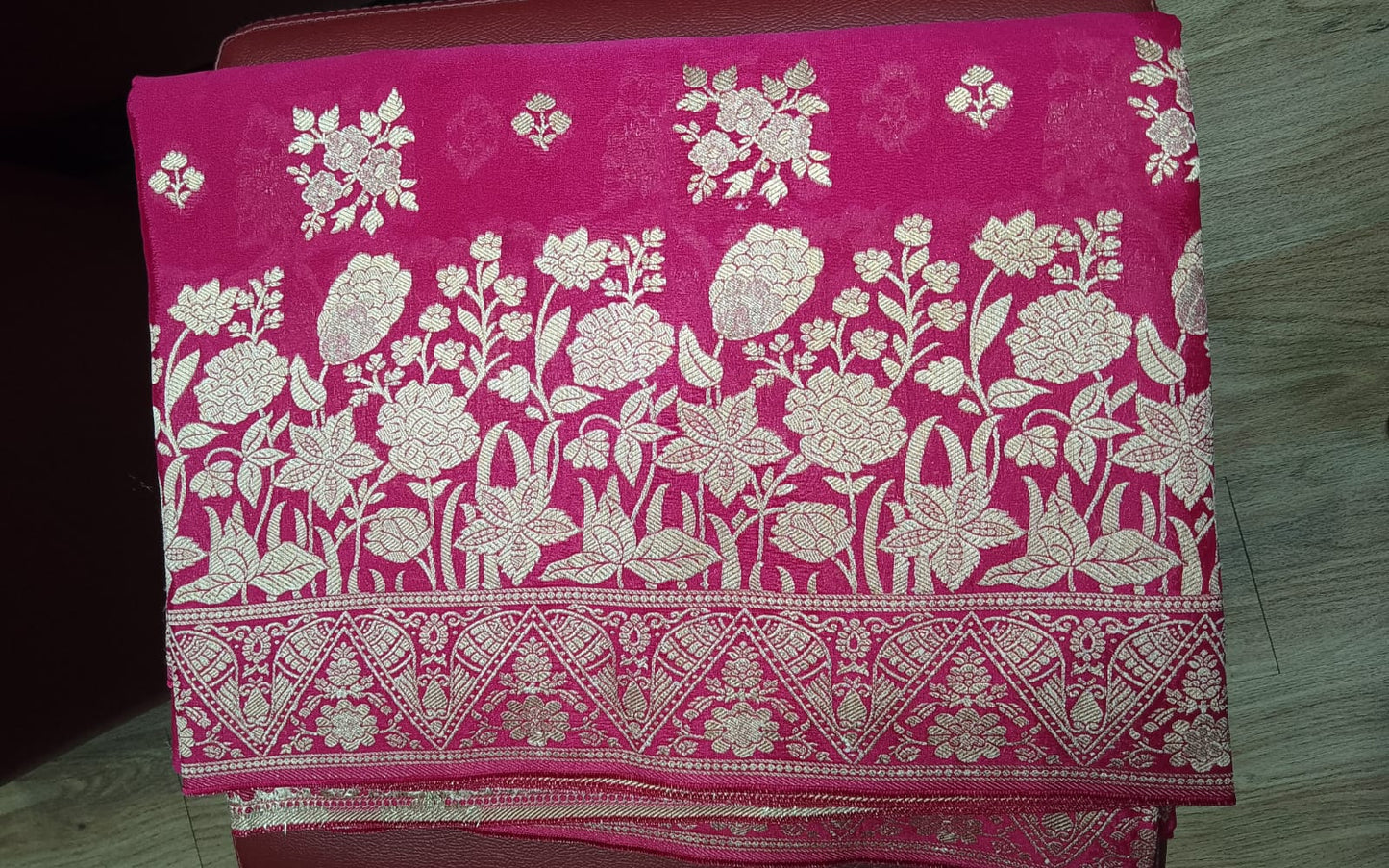 Rani Pink Banarasi Crepe Saree with Zari Floral Weaving