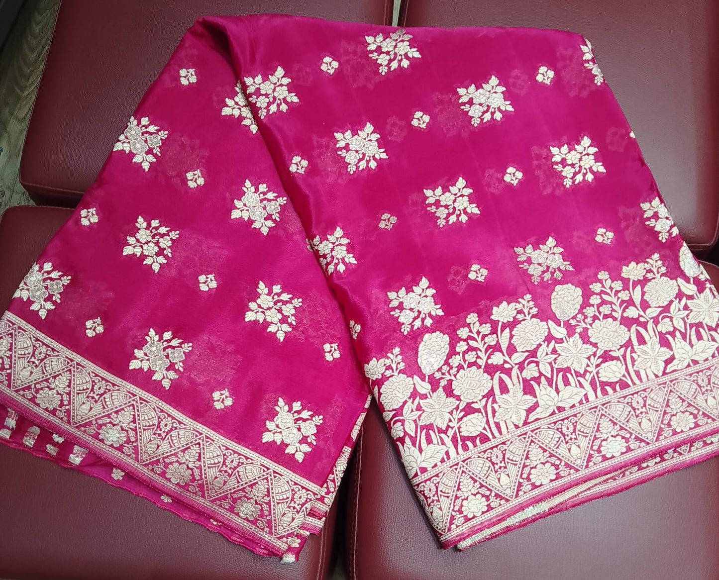 Rani Pink Banarasi Crepe Saree with Zari Floral Weaving