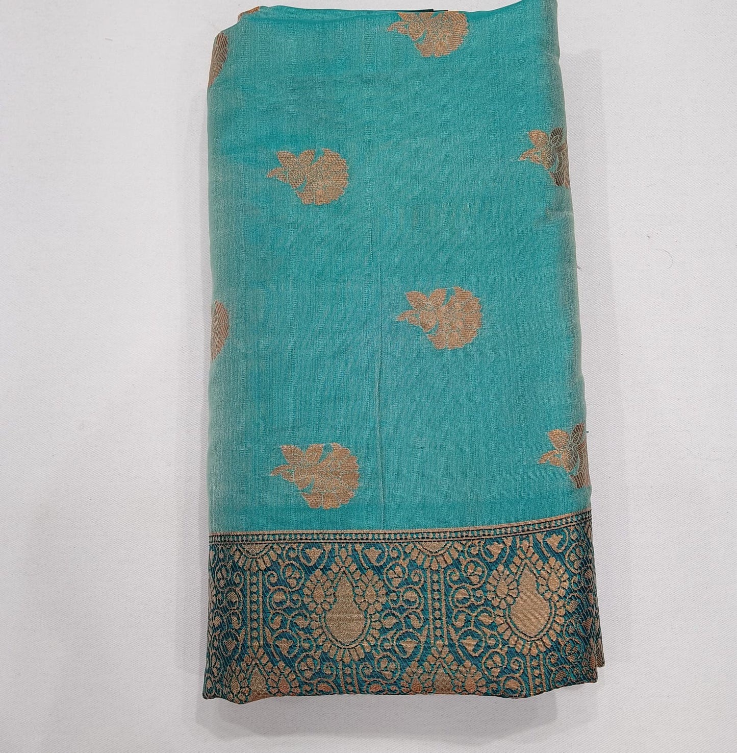 Graceful Aqua Blue Semi Soft Silk Meenakari Saree with Deep Teal Border & Rich Woven Pallu
