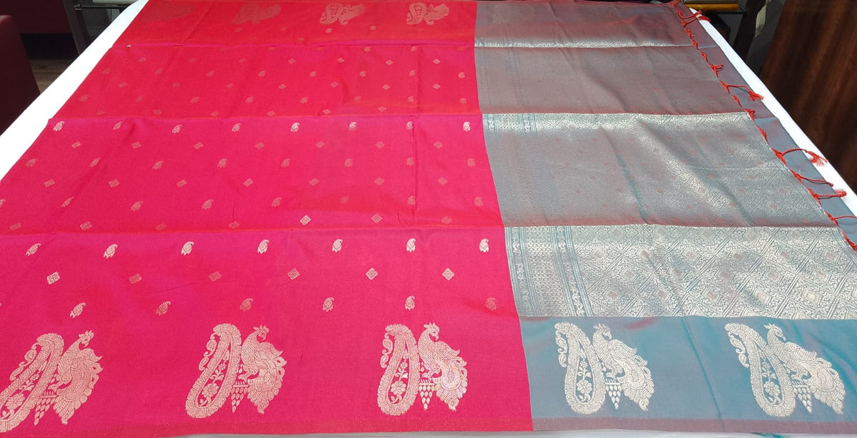 Semi Soft Silk Rani Pink Saree with Steel Grey Contrast Pallu & Silver Zari Peacock Motifs