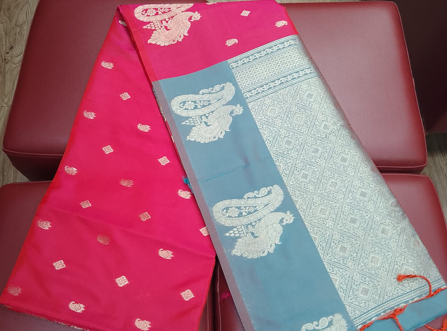 Semi Soft Silk Rani Pink Saree with Steel Grey Contrast Pallu & Silver Zari Peacock Motifs