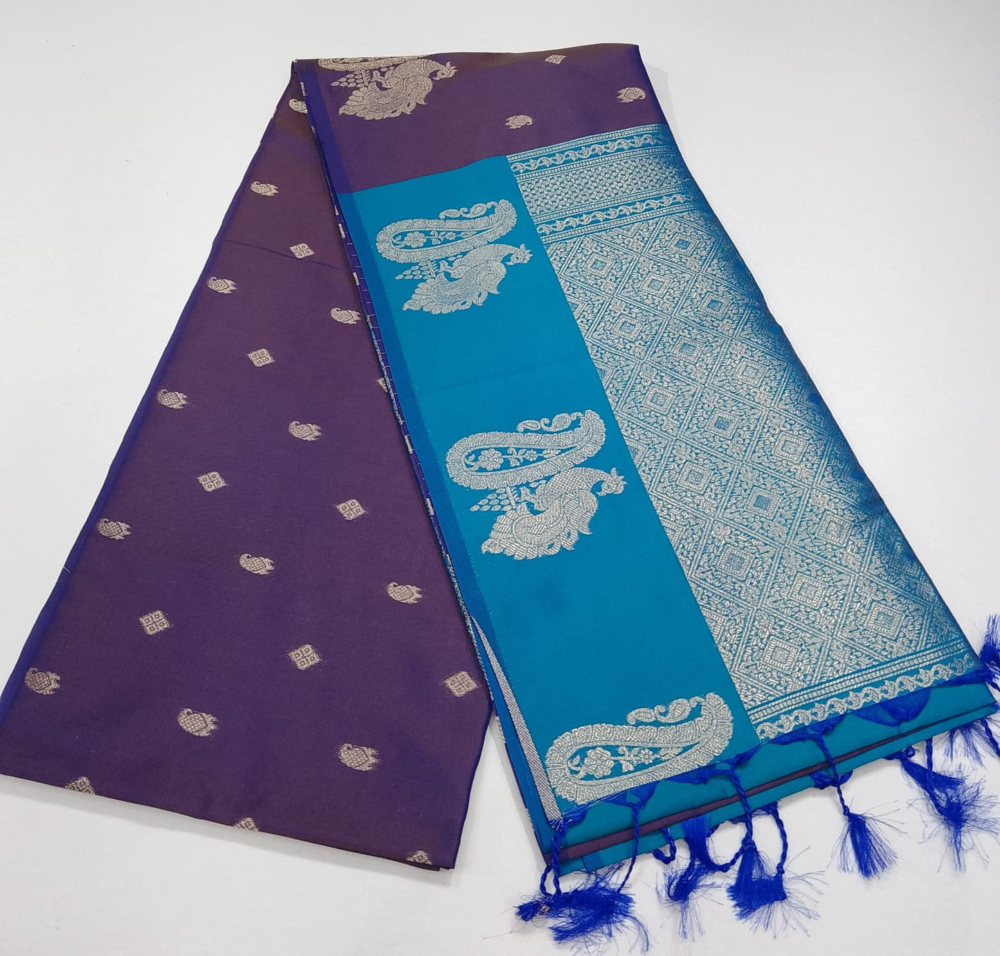 Semi Soft Silk Royal Violet Saree with Aqua Blue Silver Zari Pallu