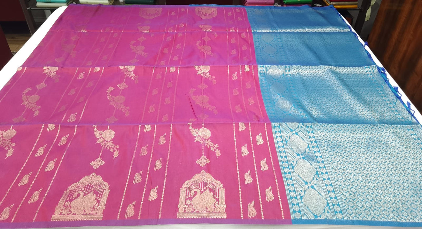 Semi Soft Silk Rani Pink & Aqua Blue Silver Zari Designer Saree