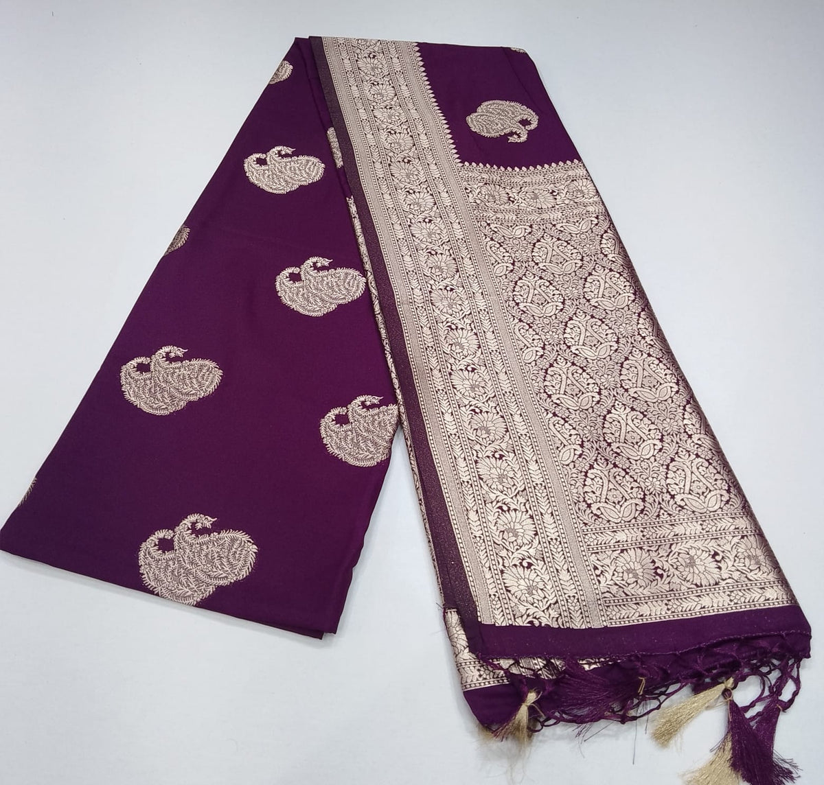 Banarasi Soft Georgette Saree in Royal Purple with Silver Zari Paisley Weaving