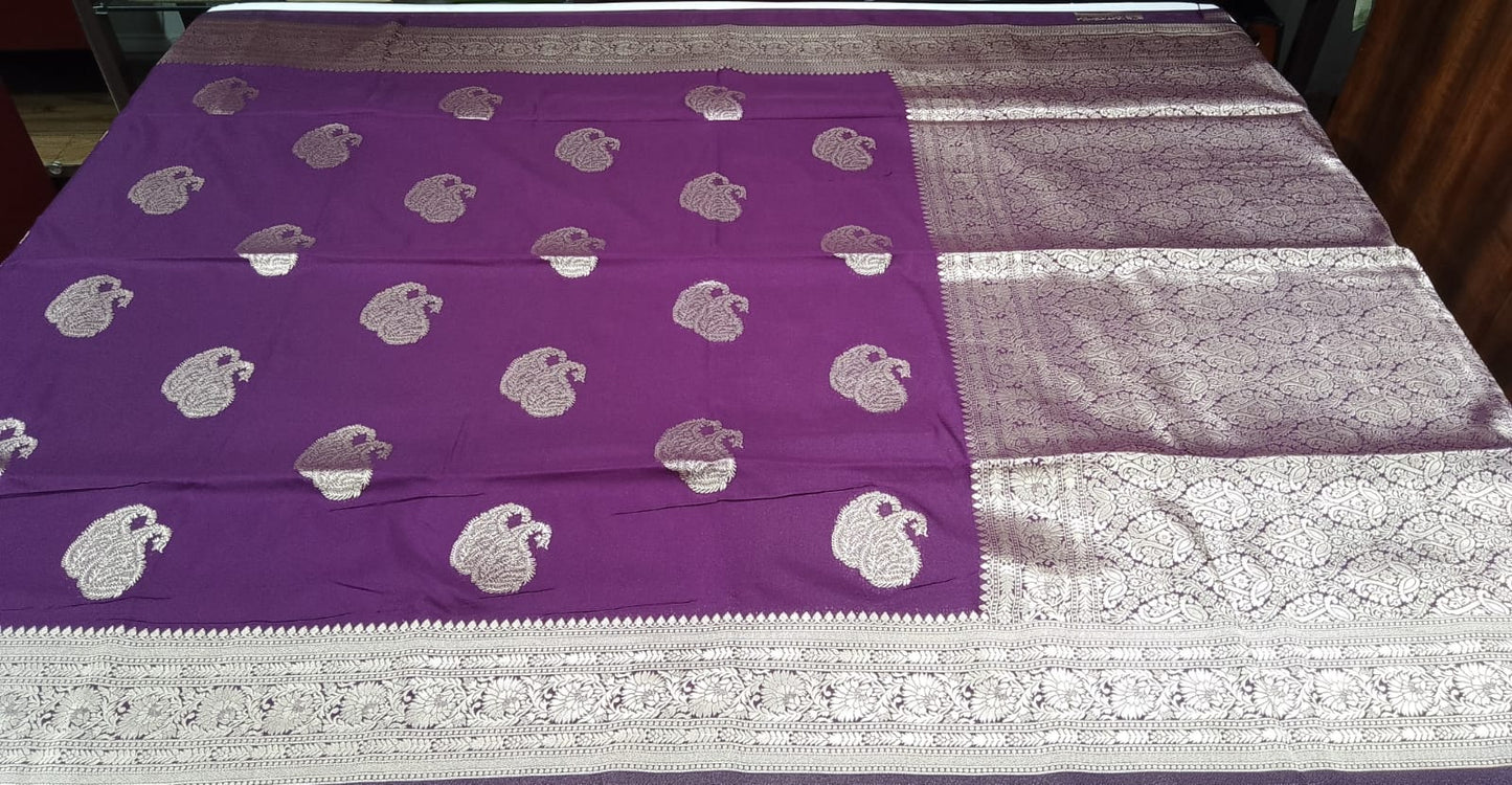 Banarasi Soft Georgette Saree in Royal Purple with Silver Zari Paisley Weaving
