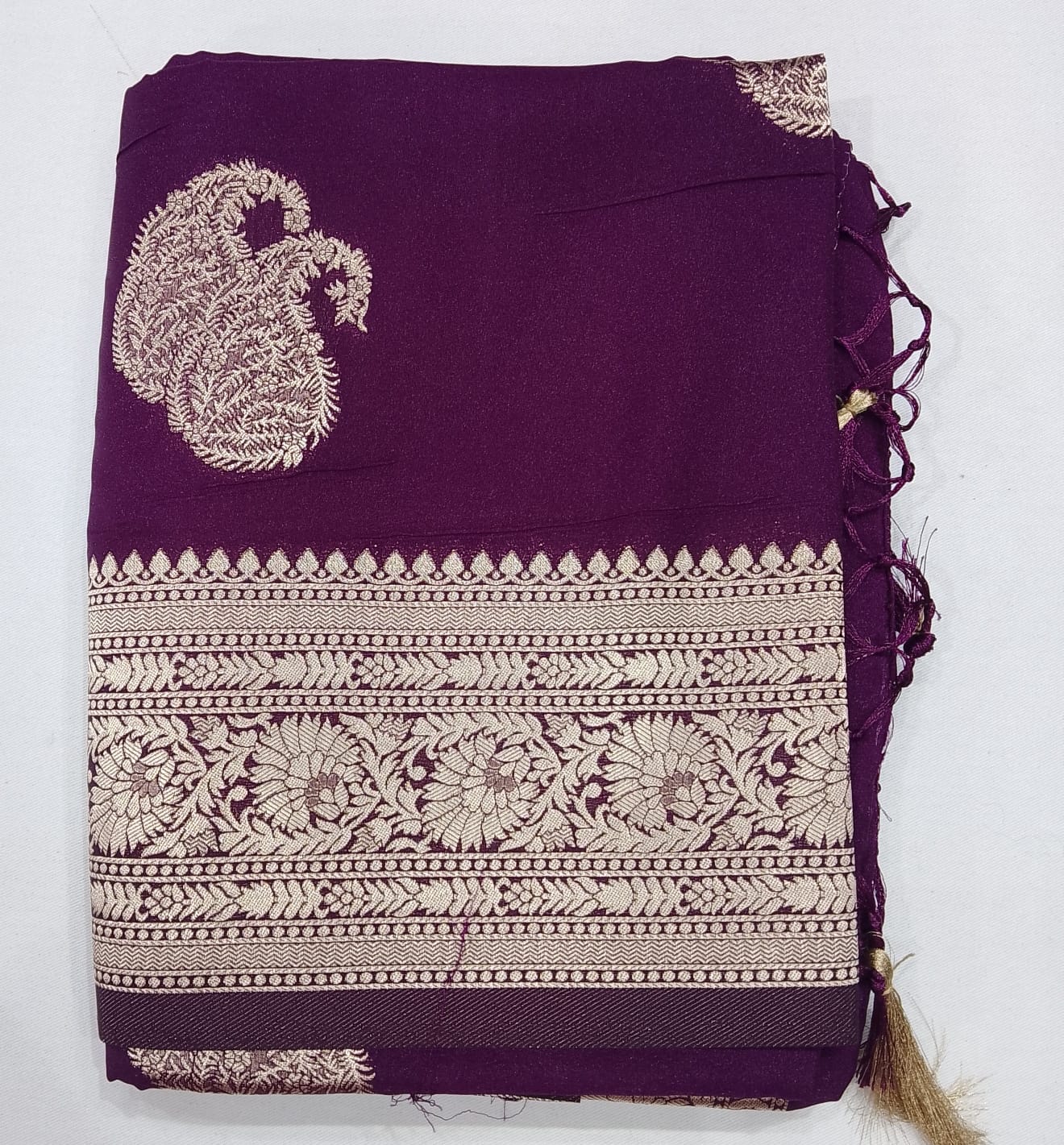 Banarasi Soft Georgette Saree in Royal Purple with Silver Zari Paisley Weaving