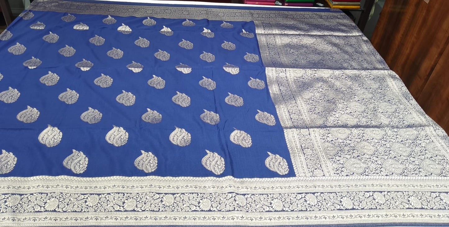 Royal Blue Banarasi Soft Georgette Saree with Silver Paisley Zari Weaving
