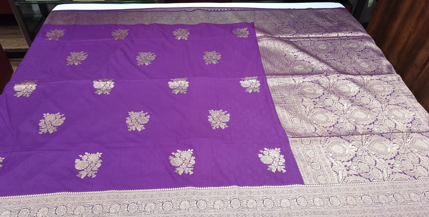 Rich Violet Banarasi Soft Georgette Saree with Antique Silver Floral Zari Weaving