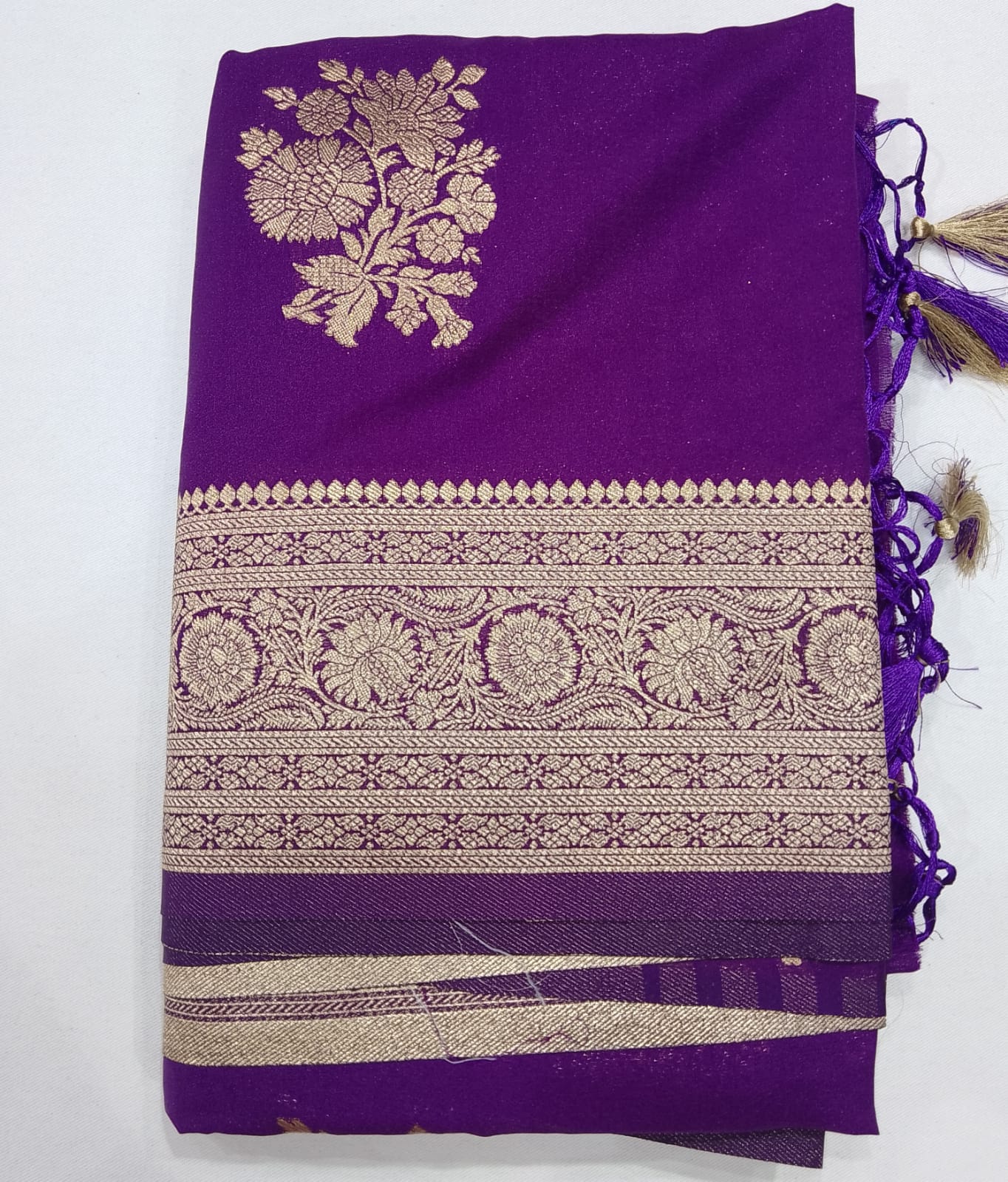Rich Violet Banarasi Soft Georgette Saree with Antique Silver Floral Zari Weaving