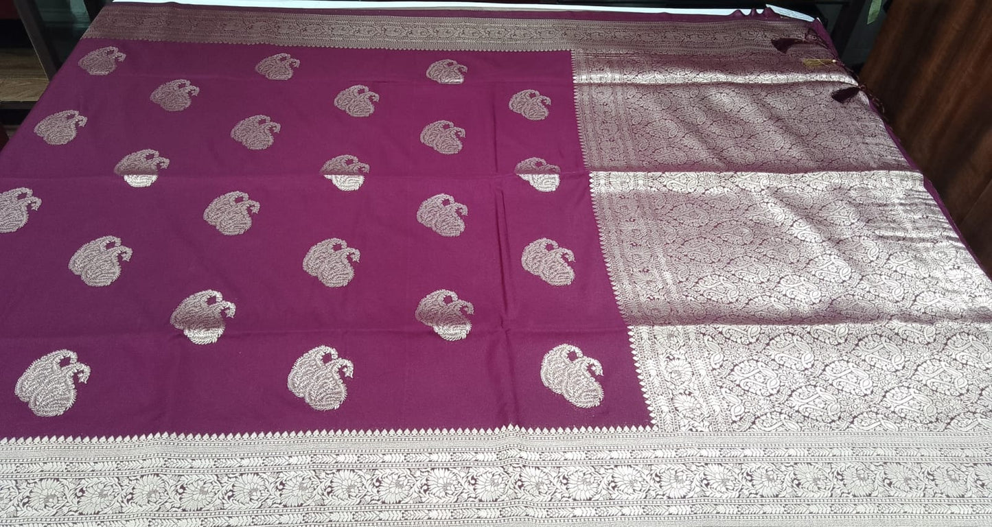 Royal Maroon Banarasi Soft Georgette Saree with Antique Silver Paisley Weaving