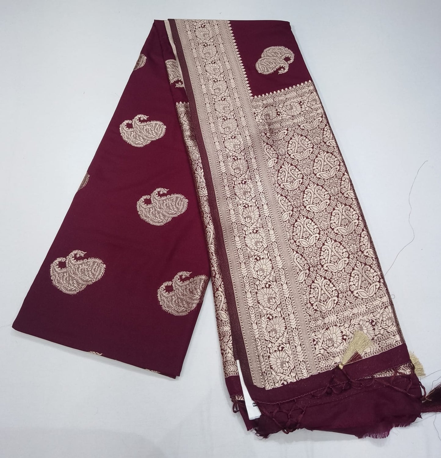Royal Maroon Banarasi Soft Georgette Saree with Antique Silver Paisley Weaving