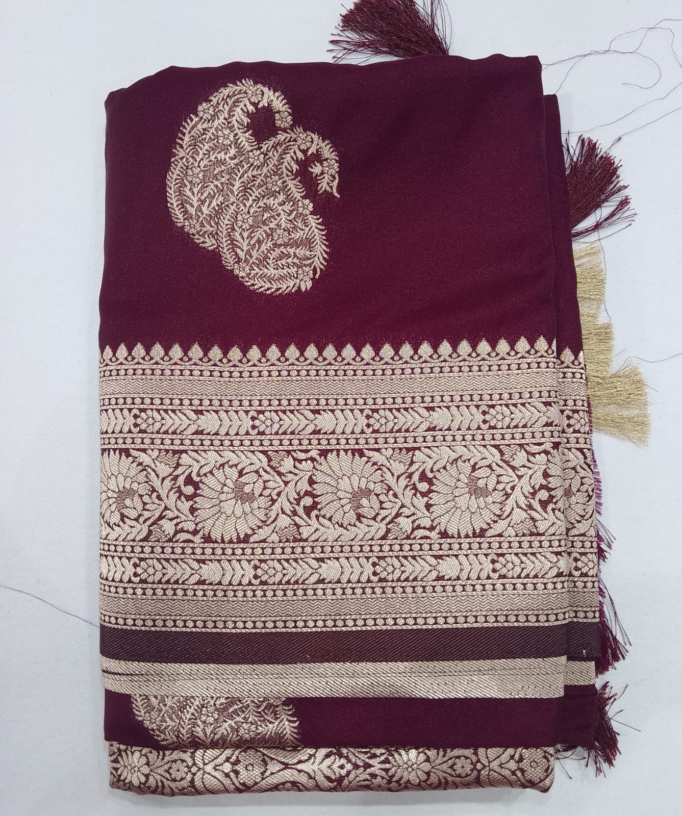 Royal Maroon Banarasi Soft Georgette Saree with Antique Silver Paisley Weaving