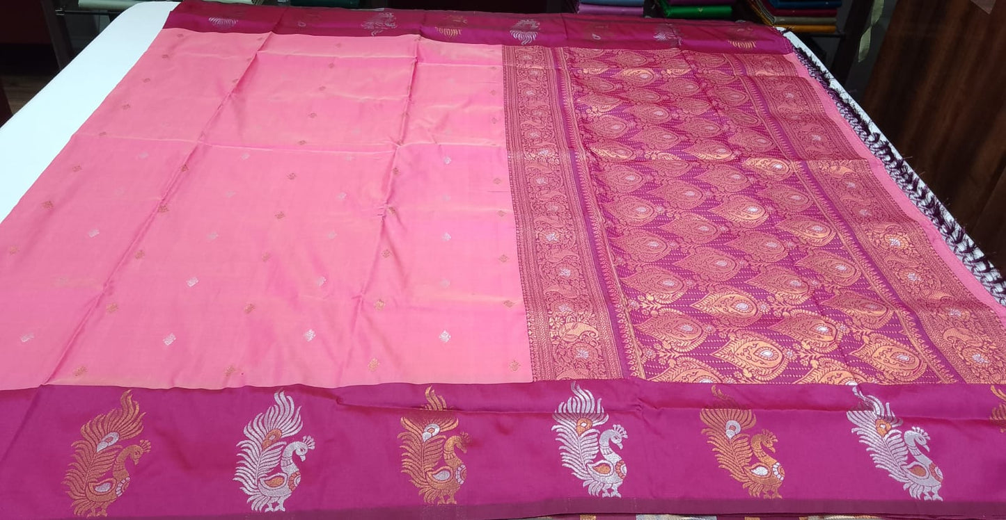 Elegant Baby Pink & Rani Pink Semi Soft Silk Meenakari Saree with Peacock Border