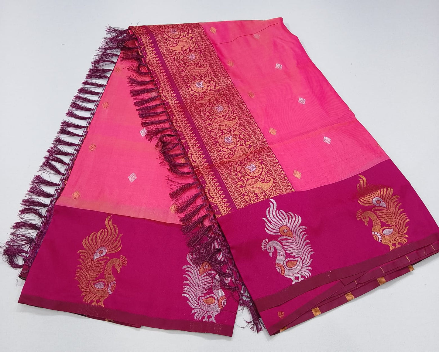 Elegant Baby Pink & Rani Pink Semi Soft Silk Meenakari Saree with Peacock Border