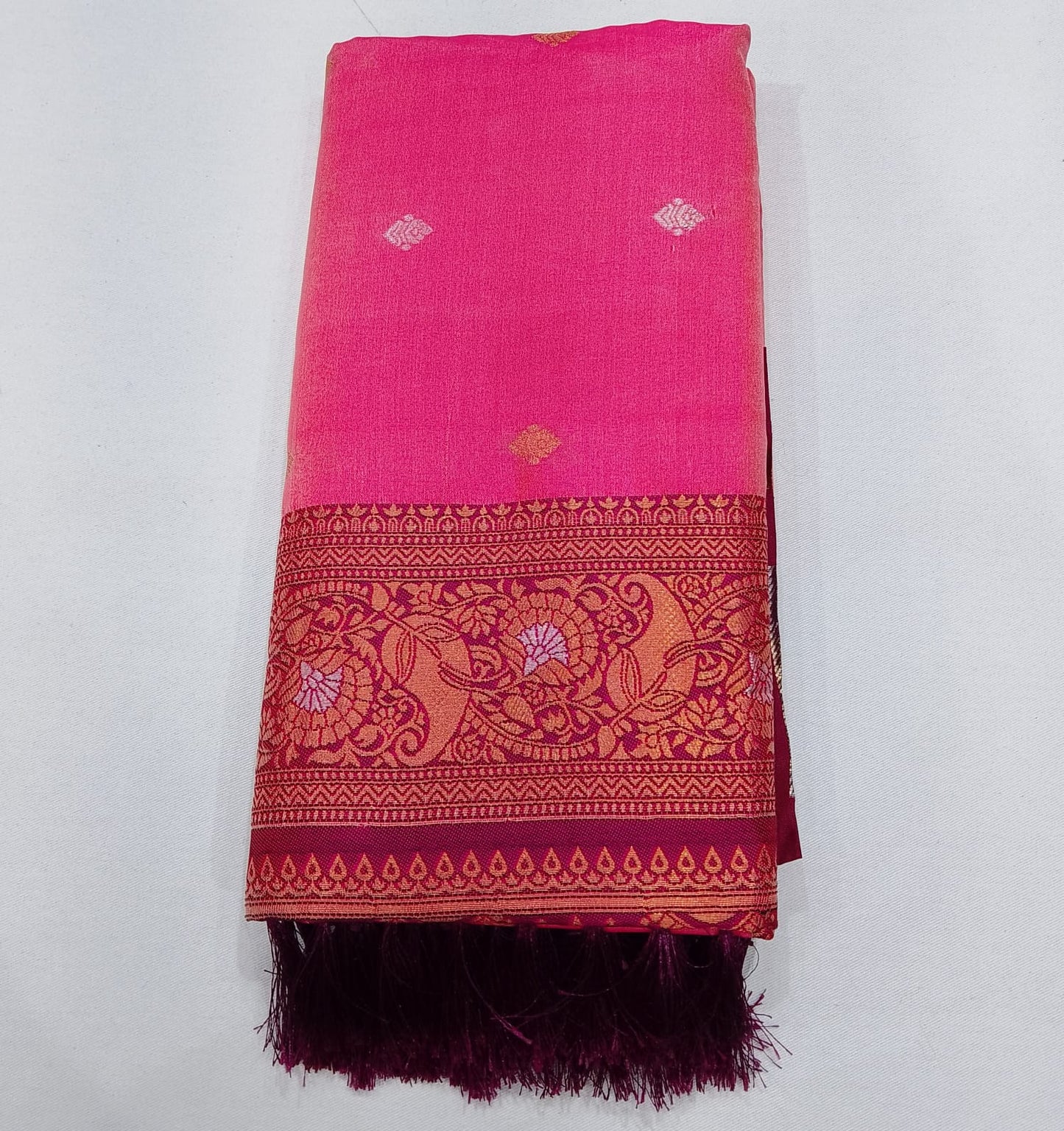 Elegant Baby Pink & Rani Pink Semi Soft Silk Meenakari Saree with Peacock Border
