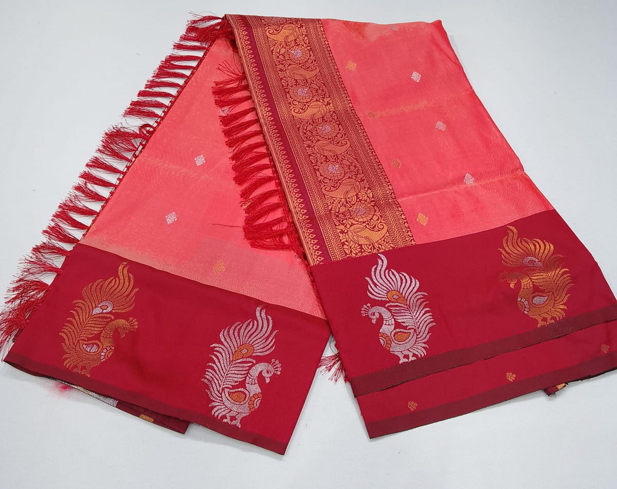 Elegant Salmon Pink Semi Soft Silk Meenakari Saree with Crimson Red Peacock Border