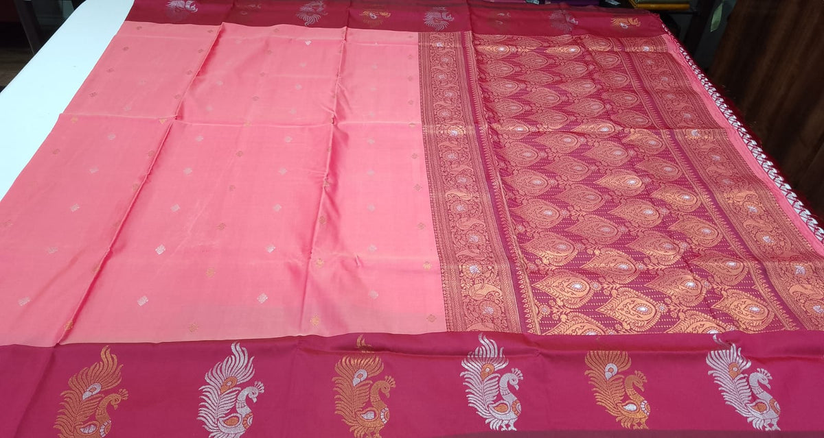 Elegant Salmon Pink Semi Soft Silk Meenakari Saree with Crimson Red Peacock Border