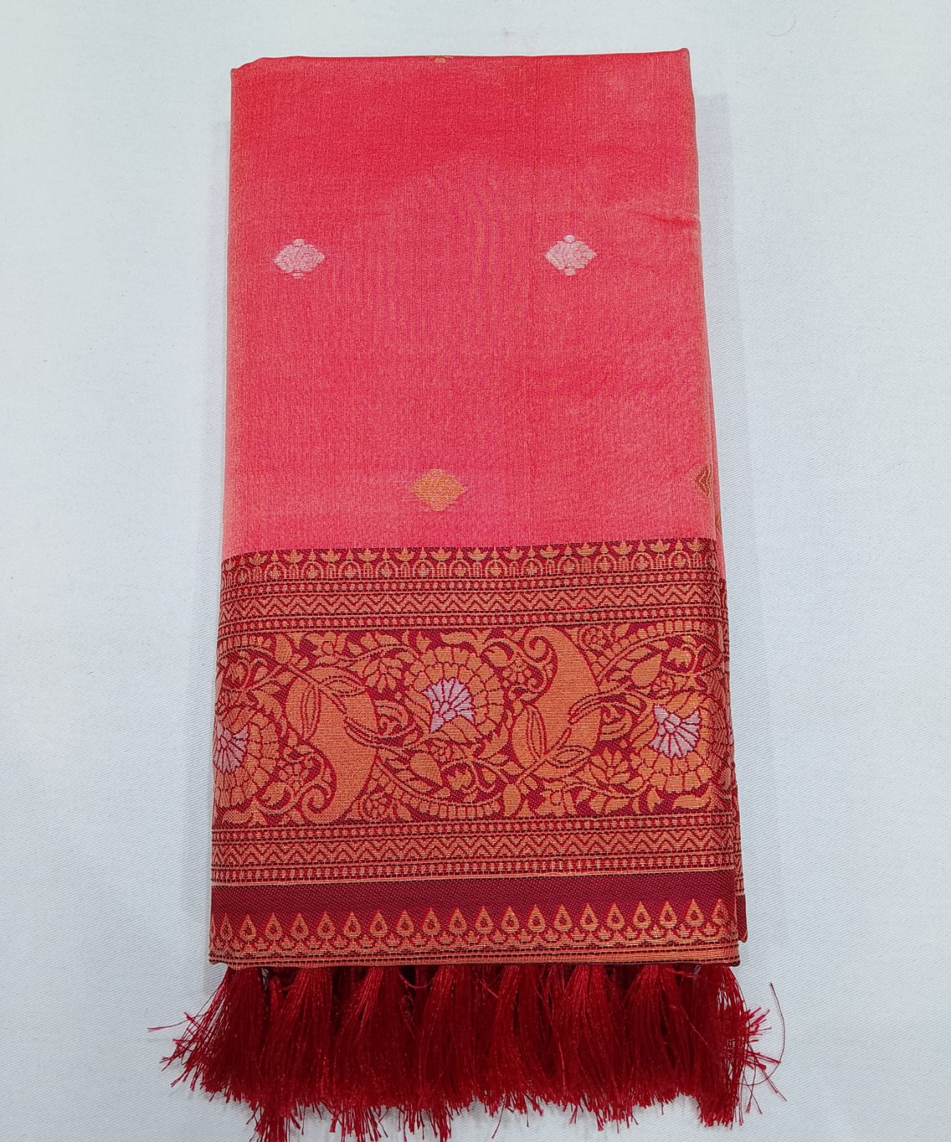 Elegant Salmon Pink Semi Soft Silk Meenakari Saree with Crimson Red Peacock Border