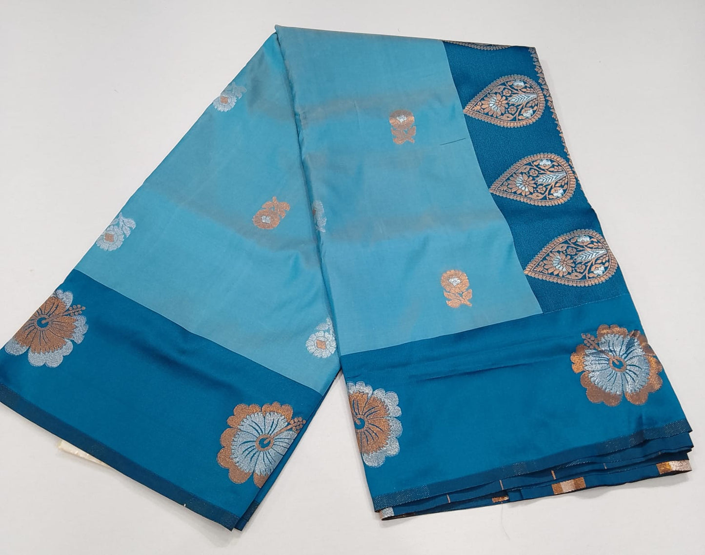 Sky Blue Semi Soft Silk Meenakari Saree with Teal Blue Designer Border & Rich Woven Pallu
